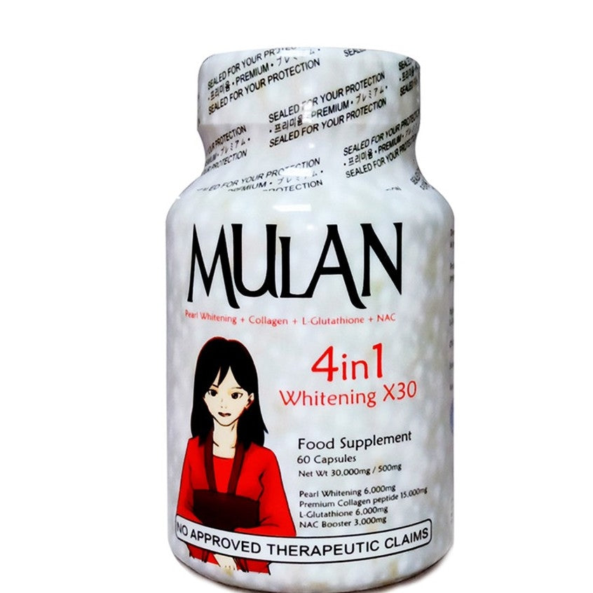 mulan glutathione 4in1 Brightening Capsule 4x AntiAging Say hello to youthful, glowing skin with 4 powerful anti-aging ingredients that help fight dullness, fine lines, and signs of aging all while keeping it Become Smart and Youthful -